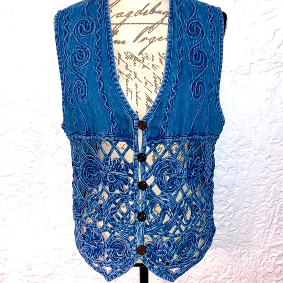 🦋Vintage Denim Crochet Boho Hippie Vest - Picture 1 of 8